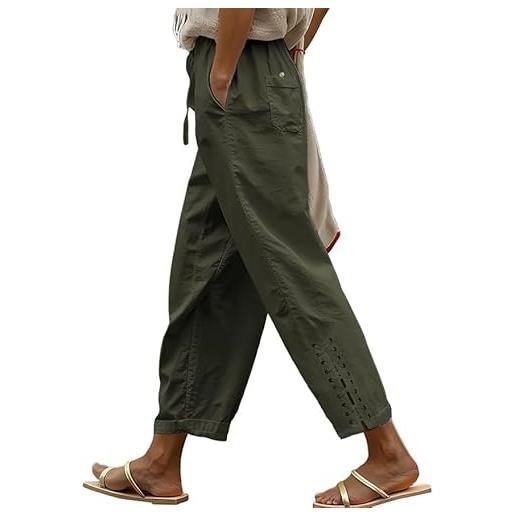 BIRW pantaloni di lino da donna estivi 2025 con tasche a vita alta comodi pantaloni in garza bianca casual leggeri pantaloni larghi, verde, l