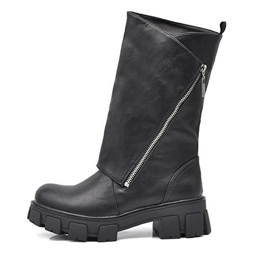 IF fashion scarpe stivali da donna al polpaccio largo biker motociclista con zip platform anfibi yg881 mp753 nero n. 36