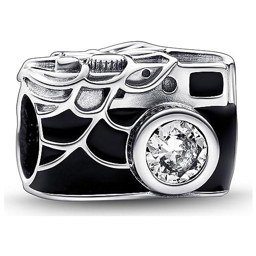 PANDORA ciondolo in argento sterling con fotocamera con spider-man della marvel con zirconia cubica trasparente e smalto nero, blu e rosso trasparente