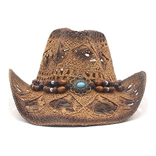 LYSINK cappello da donna estivo da uomo e donna, cappello da cowboy in paglia con decorazione con perline, per le vacanze, 02caffè scuro, taglia unica