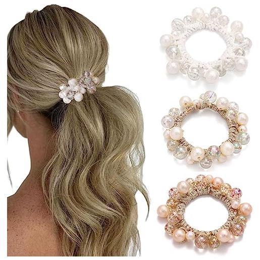 Runmi elastici per capelli con perle e strass, elastici per coda di cavallo, accessori per capelli per donne e ragazze (confezione da 3)