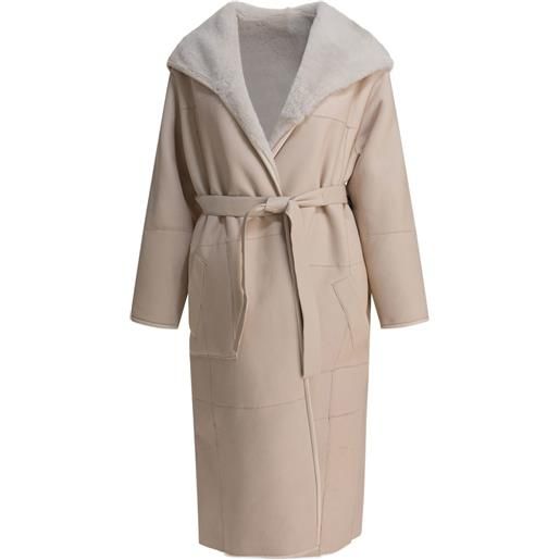 Blancha cappotto in shearling con cintura e cappuccio - toni neutri
