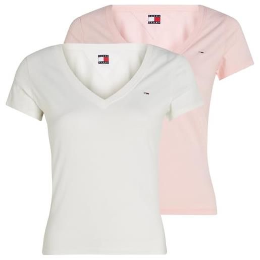 Tommy Jeans donna t-shirt maniche corte confezione da 2 con scollo a v, multicolore (ecru/precious pink), s