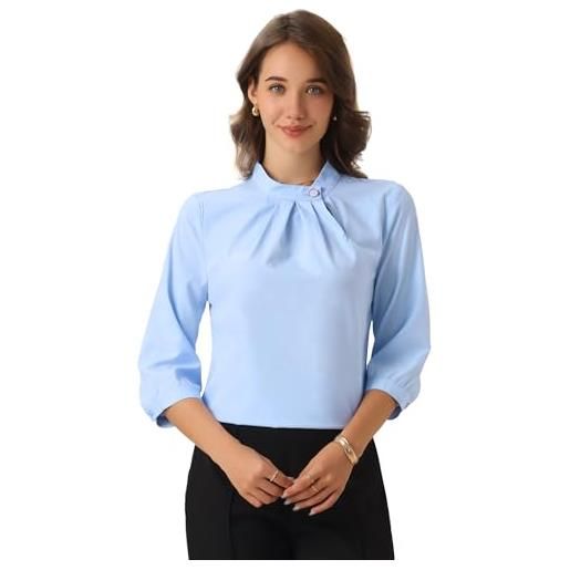 Allegra K donna camicia da lavoro con collo alto, maniche 3/4 con arricciatura sul davanti, camicette eleganti e casual blu xs