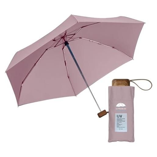 Le Monde du Parapluie mini ombrello pieghevole a 5 persiane, protezione uv upf 50+, protezione uv uv, leggero e compatto, formato viaggio, tasca, borsa antivento e manico in legno con rivestimento in