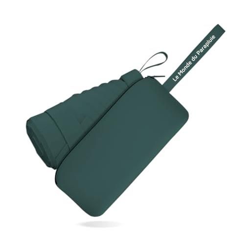 Le Monde du Parapluie ombrello pieghevole da donna, con 6 persiane, leggero e compatto, 16 cm, formato da viaggio, tasca, borsa a vento, con custodia in pelle, verde foresta