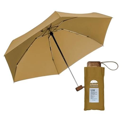 Le Monde du Parapluie mini ombrello pieghevole a 5 persiane con protezione uv upf 50+, protezione uv uv, leggero e compatto, per viaggi, tasca, borsa antivento e manico in legno con rivestimento in
