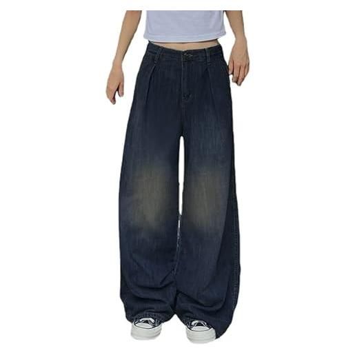 Attria donne vintage grunge pieghe baggy jeans streetwear emo denim paracadute pantaloni indie goth punk pantaloni con tasche, blu, s
