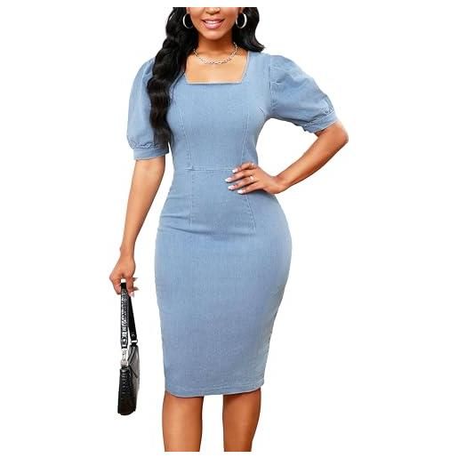 SxClub abito aderente in denim da donna sexy con scollo a v manica corta a sbuffo aderente mini abiti con tasche con cerniera per feste in discoteca, azzurro, 3xl