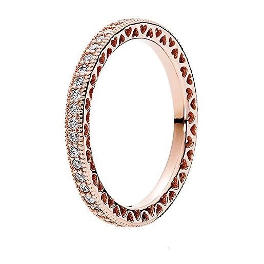 PANDORA signature anello con cuori brillanti placcato in oro rosa 14 carati con zirconi cubici trasparenti, 48