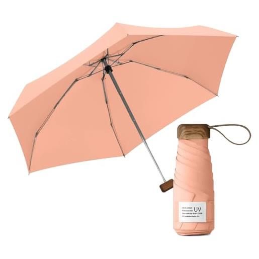 Le Monde du Parapluie mini ombrello pieghevole a 5 persiane, protezione uv upf 50+, protezione uv uv, leggero e compatto, formato viaggio, tasca, borsa antivento e manico in legno con rivestimento in