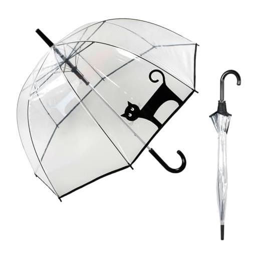 Le Monde du Parapluie - ombrello a campana trasparente automatico - antivento - 8 stecche in fibra di vetro - solido - gatto nero
