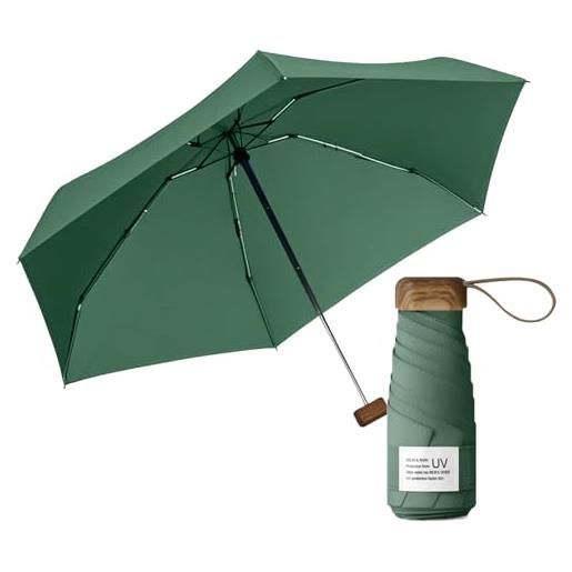 Le Monde du Parapluie mini ombrello pieghevole a 5 persiane, protezione uv upf 50+, protezione uv uv, leggero e compatto, formato viaggio, tasca, borsa antivento e manico in legno con rivestimento in