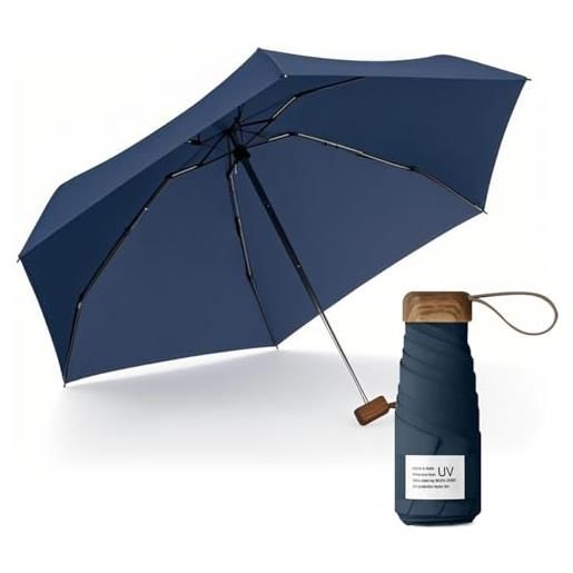 Le Monde du Parapluie mini ombrello pieghevole a 5 persiane, protezione uv upf 50+, protezione uv uv, leggero e compatto, formato viaggio, tasca, borsa antivento e manico in legno con rivestimento in