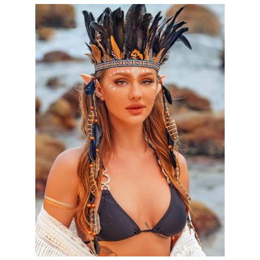 Fashband fascia per capelli indiana con piume, stile bohémien, con nappe, accessorio per capelli per donne e ragazze (nero)