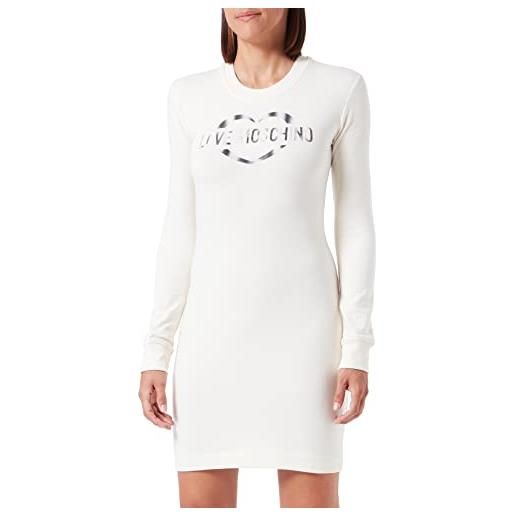 Love Moschino abito a maniche lunghe in pile elasticizzato in cotone modal con stampa olografica a forma di cuore nan, crema, 46 donna