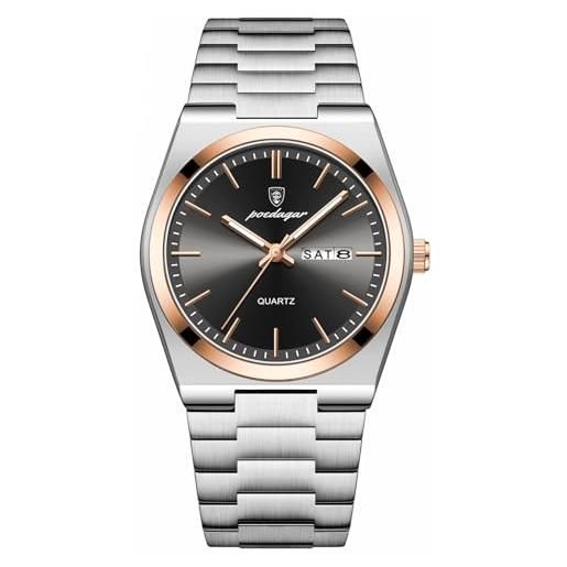 Focket Orologio Da Uomo In Acciaio Inox, Impermeabile, Quarzo Con Doppia Data E Lancette Luminose, Elegante, Regalo