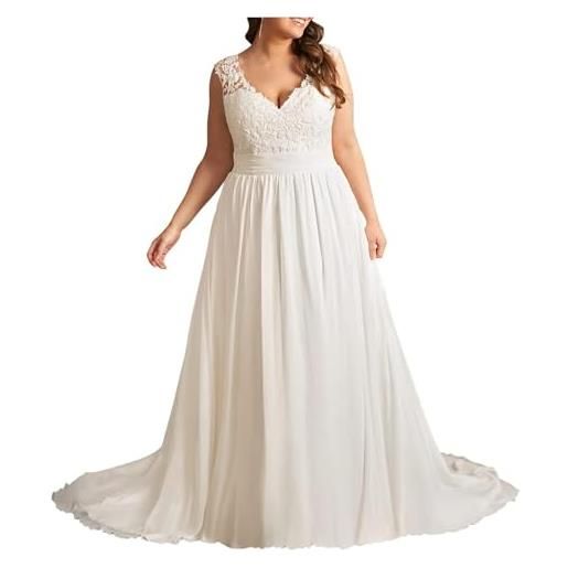 YIANN abiti da sposa in chiffon taglie forti per la sposa con abito da sposa in pizzo applique sweep treno a line v neck abito da sposa, bianco, 24 più