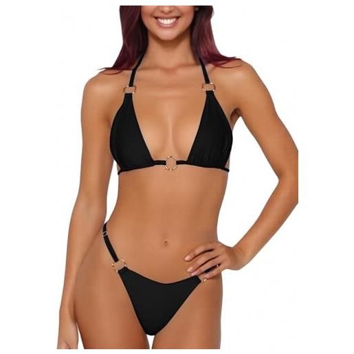 ZRTAK bikini da donna, due pezzi, costume da bagno sexy perizoma con scollo all'americana e top a triangolo, bikini sfacciato, nero, m