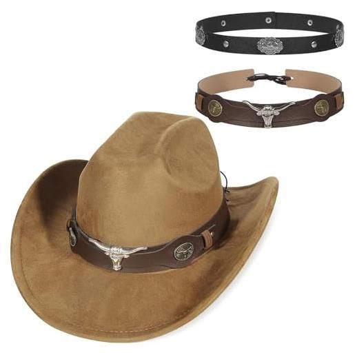 GEMVIE cappello da cowboy in pelle scamosciata, due tipi, a tesa larga, cappello western per uomini e donne, unisex, vintage, cappello western, caffè, 56-58