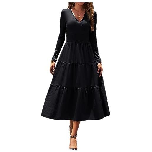 YGJKLIS donna sexy profondo scollo a v pieghettato gonne lunghe solide vita alta a-line abiti spacco cocktail party dress abiti, nero, m