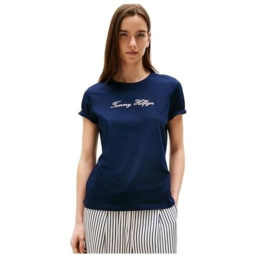 Tommy Hilfiger donna t-shirt maniche corte lurex script con scollo rotondo, blu (dark night navy), l