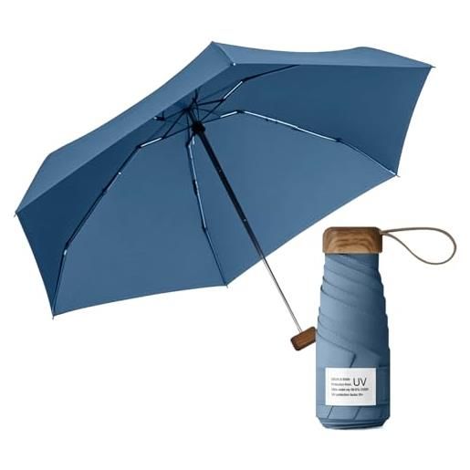 Le Monde du Parapluie mini ombrello pieghevole a 5 persiane con protezione uv upf 50+, protezione uv uv, leggero e compatto, formato viaggio, tasca, borsa antivento, manico in legno con rivestimento