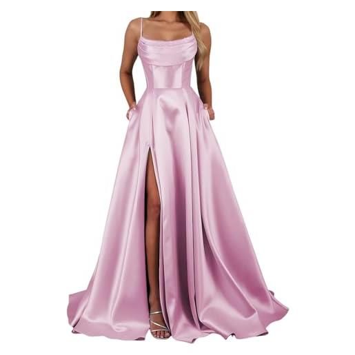 YIANN vestiti da ballo da donna con spalline sottili in raso con spacco e corsetto lunghi abiti da sera formali, rosa cipria, 50
