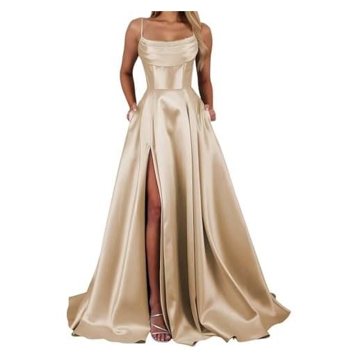 YIANN vestiti da ballo da donna con spalline sottili in raso con spacco e corsetto, abito da sera lungo formale, rosa cipria, 40