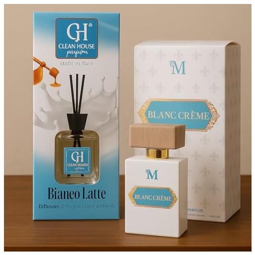 Generico blanc crème eau de parfum 100ml unisex + diffusore milky essence 100ml con bastoncini - profumo fresco ed elegante + fragranza per ambienti made in italy - set regalo raffinato per casa e persona
