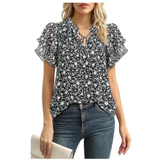 Gaharu camicia da donna, elegante, a maniche corte, estiva, con scollo a v, maniche a volant, in chiffon, con fiori, per lavoro, casual, , polka dots bianco, xl