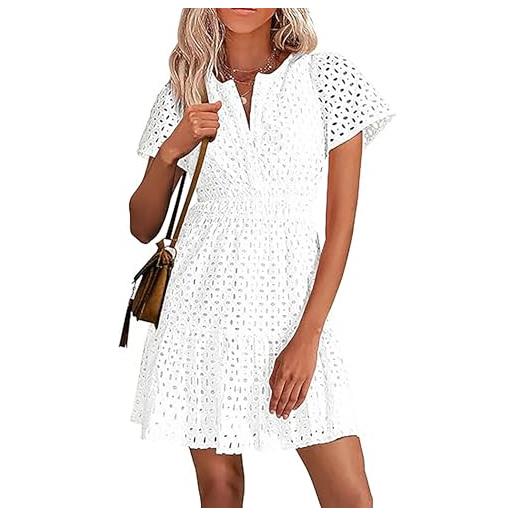 SEVETAT abito estivo da donna, corto, linea a, abito da sera, elegante, ricamato, con volant, per il tempo libero, scollo a v, a maniche corte, estivo, dolce, bianco, l