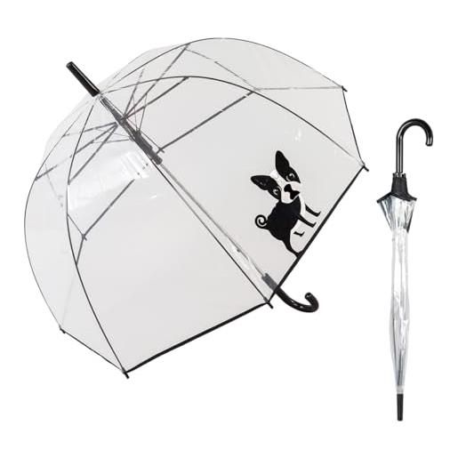 Le Monde du Parapluie - ombrello a campana trasparente automatico - antivento - 8 stecche in fibra di vetro - solido - bulldog francese