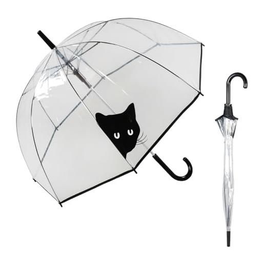 Le Monde du Parapluie - ombrello a campana trasparente con apertura automatica - antivento - 8 stecche in fibra di vetro - solido - gatto curioso