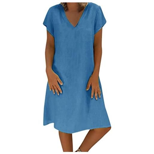 AMDOLE abito da donna estivo da donna, stile femminile, in cotone, casual, taglie forti, vestito da donna sotto le ginocchia, blu, xl