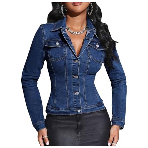 EZAPINE giacca di jeans corta da donna con risvolto, a maniche lunghe, aderente, elasticizzata, corta, con tasche, blu scuro, medium