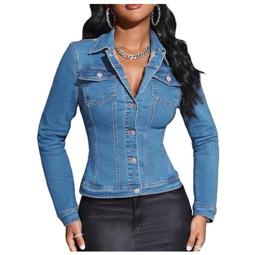 EZAPINE giacca di jeans corta da donna con risvolto, a maniche lunghe, aderente, elasticizzata, corta, con tasche, blu scuro, medium