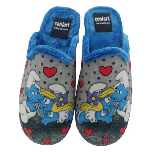 HECHO EN ESPAÑA pantofole da casa da donna - suola in gomma antiscivolo, puffo e puffa, 38 eu