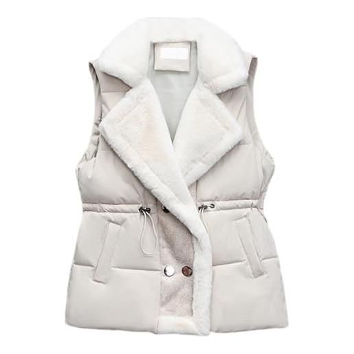 SHINROAD gilet in peluche spesso da donna, corto, giacca invernale con coulisse in vita, colletto rovesciato foderato senza maniche con tasche bottone imbottito, bianco, l
