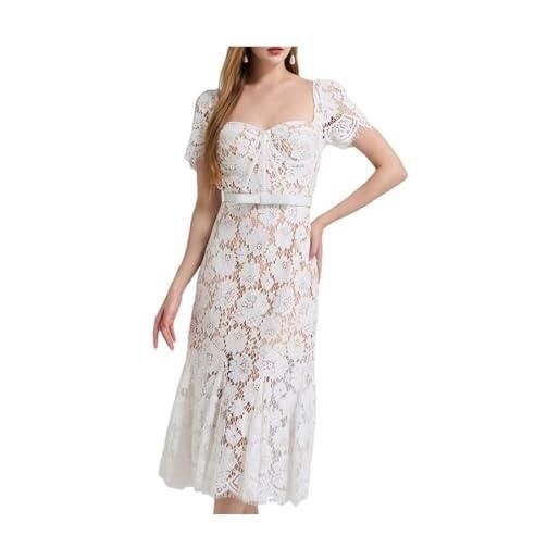 Pulcykp abito da donna a maniche corte con scollo quadrato in pizzo elegante casual con cintura tubino, bianco, l