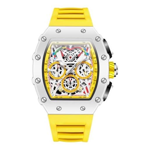 RORIOS Orologio Da Uomo Cronografo A Forma Di Botte – Quadrante Scheletrato, Cinturino In Silicone, Luce Al Buio