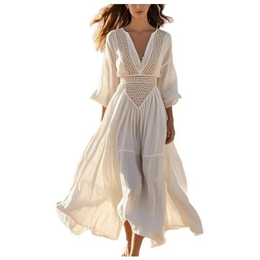 Generic maxi abito estivo da donna in cotone e lino, copertura a maniche lunghe con scollo a v e pizzo all'uncinetto, stile boho, elegante, chic, da spiaggia, vacanza, vestibilità larga, leggero, casual