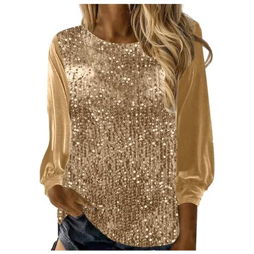 Generisch 2025 camicetta da donna, scollo tondo, maniche lunghe, paillettes sciolte, camicetta elegante da donna con cravatta, gold, l