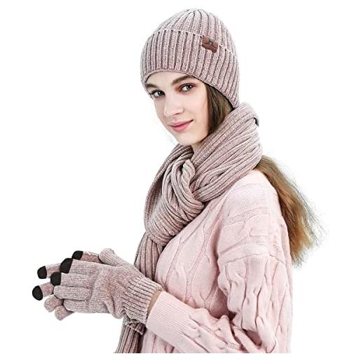 LumiSyne invernali 3 pezzo cappello sciarpa guanti per uomo donna guanti touch screen sciarpa jacquard tinta unita cappello in maglia berretto beanie tessuto avanzato di ciniglia (rosa)