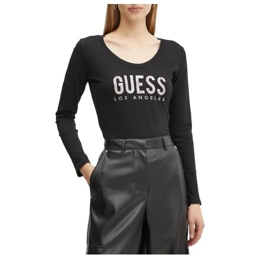 GUESS t-shirt manica lunga, scollo tondo profondo, con stampa logo sul petto di paillettes, vestibilità regolare. Nero xs