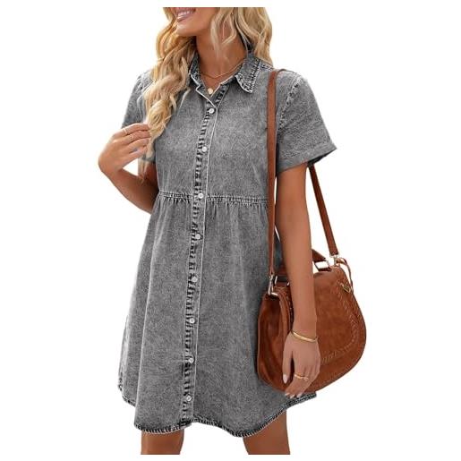 xuergu abito da donna in denim con bottoni, maniche a lanterna a 3/4, casual, tunica top a sbuffo con maniche a sbuffo, grigio, xl
