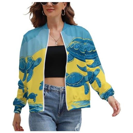 UOMSKTY giacca donna leggera, cartone animato animale bomber pilota elegante zip up con tasche, tartaruga blu cappotto antivento casual outwear primaverile autunno xs