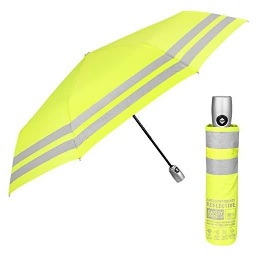 PERLETTI ombrello pieghevole giallo catarifrangente - ombrello di sicurezza portatile automatico apri chiudi riflettente - ombrello emergenza mini uomo donna antivento resistente - diametro 104 cm