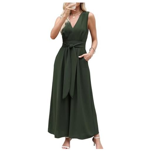 CUPSHE tuta da donna con scollo a v profondo, senza maniche, con cintura a punto smock in vita, gamba larga, estiva, elegante, lunga, con tasche, verde scuro, m
