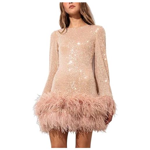 SHINROAD abito con paillettes sexy da sera con orlo in piuma, a maniche lunghe, con scollo a o, mini per feste di ballo, matrimonio, colore: rosa. , xl